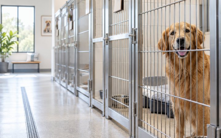 Boarding kennel corridor, clean runs, dog looking out