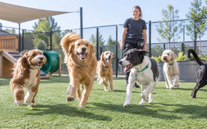 Daycare play yard, several dogs mid-play with a handler watching