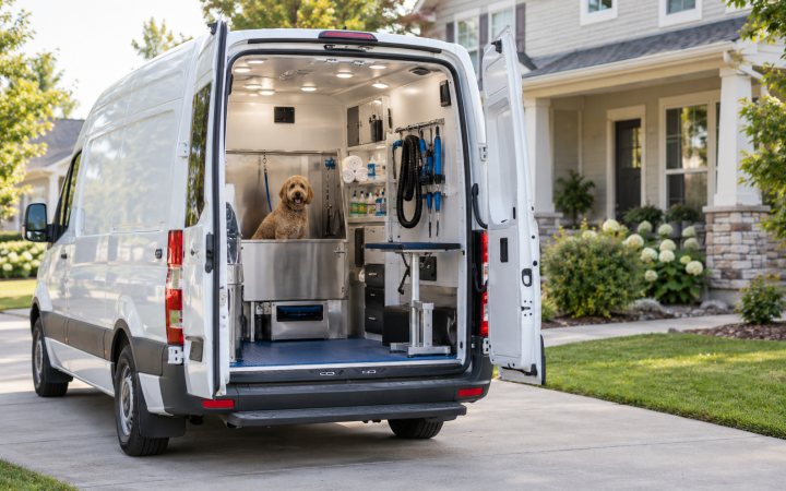 Grooming van parked on a suburban driveway, rear doors open