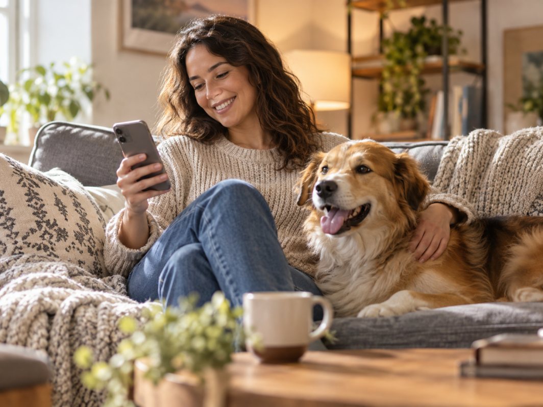 Owner on a sofa reading a report card on her phone, dog beside her