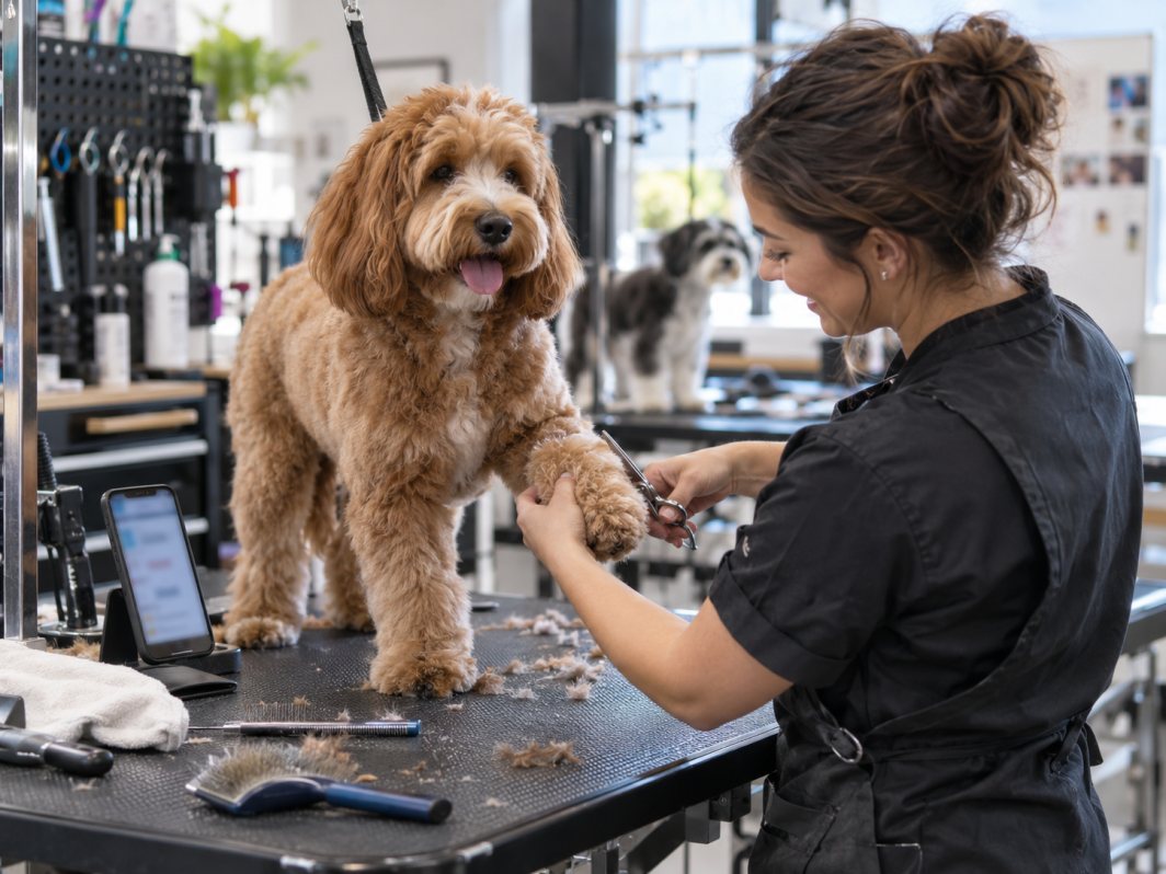 Groomer at the table mid-groom, phone propped showing the ticket
